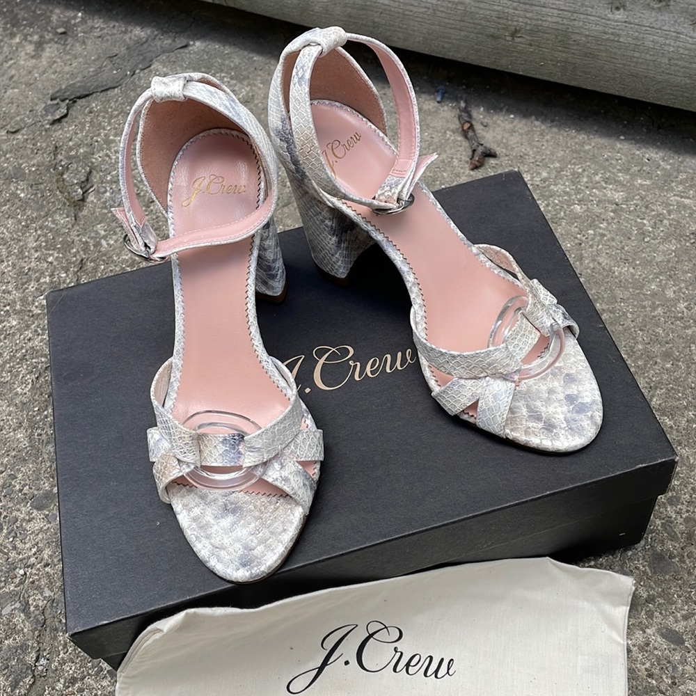 J Crew Stella heels in metallic snakeskin print